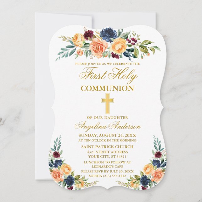 Aquarell Mixed Floral Gold Erste heilige Kommune Einladung (Vorderseite)