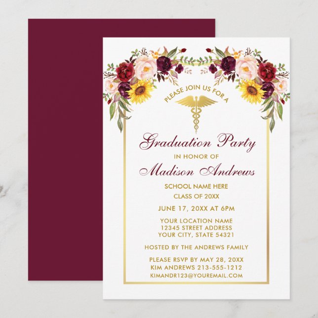 Aquarell Mixed Floral Gold Medical Grad Party Einladung (Vorne/Hinten)