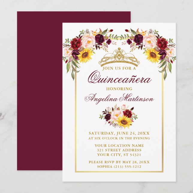 Aquarell Mixed Floral Quinceanera Gold Rahmen Einladung (Vorne/Hinten)