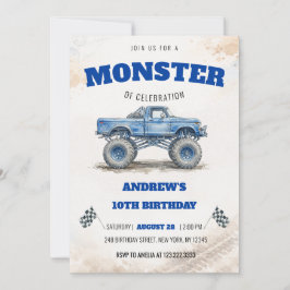Aquarell Modern Blau Monster Truck Jungen Geburtst Einladung