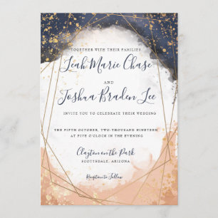 Aquarell Modern Indigo Blau und Rose Imitat Gold Einladung