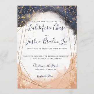 Aquarell Modern Indigo Blau und Rose Imitat Gold Einladung