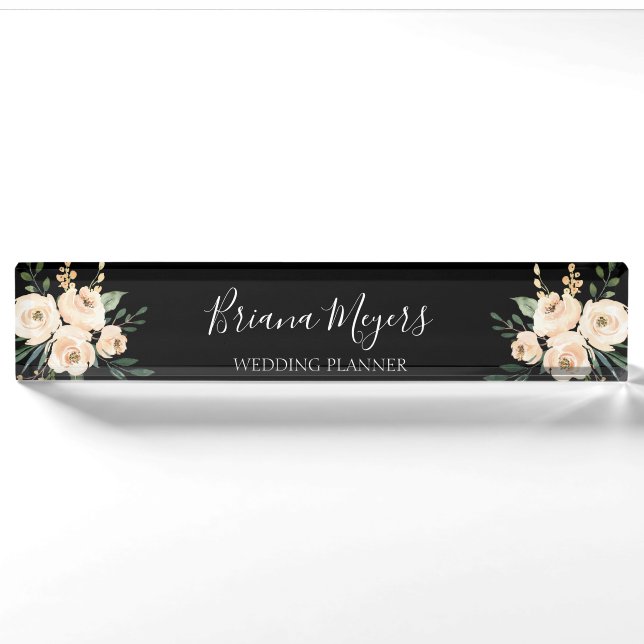 Aquarell Moderne Schwarze Flora Business Namensplakette (Vorderseite)