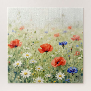 Aquarell-Mohn-Gänseblümchen-Kornblumen-Wiesen-Must