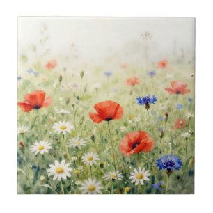 Aquarell-Mohn-Gänseblümchen-Kornblumen-Wiesen-Must Fliese