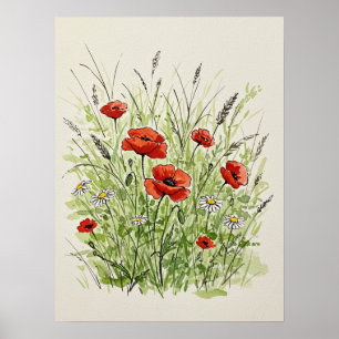 Aquarell-Mohn-und-Gänseblümchen-Kunst Poster