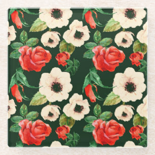 Aquarell-Mohn und Rosen: Florales Muster. Glasuntersetzer