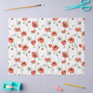 Aquarell-Mohnblumen und weiße Wildblumen auf der W Seidenpapier
