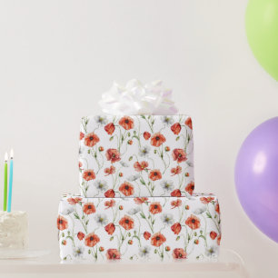 Aquarell-Mohnblumen und weiße Wildblumen auf einer Geschenkpapier