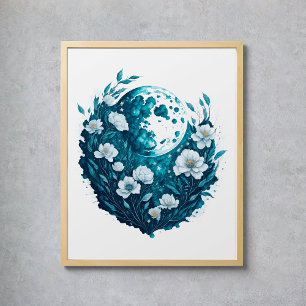 Aquarell-Mond Himmelssterne Blumen Poster