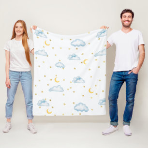 Aquarell-Mond-Sterne-und-Wolken-Kinderzimmer-Tapet Fleecedecke
