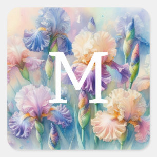 Aquarell-Monogramm lila Iris-Blumen Quadratischer Aufkleber