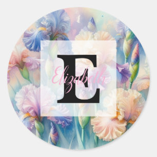Aquarell-Monogramm lila Iris-Blumen Runder Aufkleber