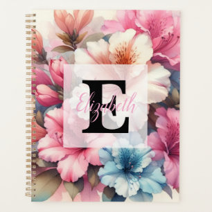 Aquarell-Monogramm mit rosa blauen Azaleen Planer
