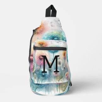 Aquarell-Monogramm mit rosa blauen Löwenzahnblüten Crossbody Bag