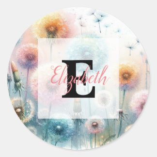 Aquarell-Monogramm mit rosa blauen Löwenzahnblüten Runder Aufkleber
