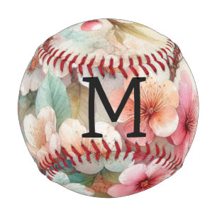 Aquarell-Monogramm mit rosa Kirschblüten Baseball