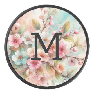 Aquarell-Monogramm mit rosa Kirschblüten Eishockey Puck