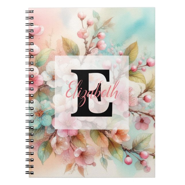 Aquarell-Monogramm mit rosa Kirschblüten  Notizblock (Vorderseite)