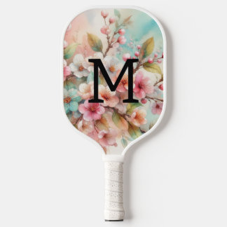 Aquarell-Monogramm mit rosa Kirschblüten Pickleball Schläger