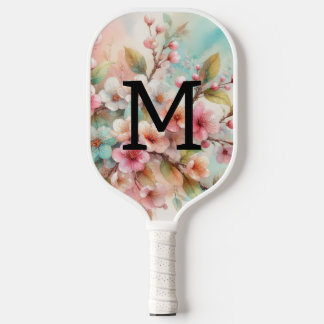 Aquarell-Monogramm mit rosa Kirschblüten Pickleball Schläger