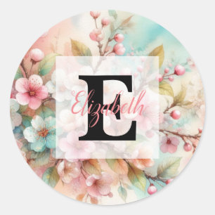 Aquarell-Monogramm mit rosa Kirschblüten Runder Aufkleber