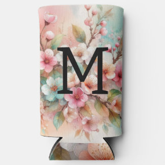 Aquarell-Monogramm mit rosa Kirschblüten Selters Dosenkühler