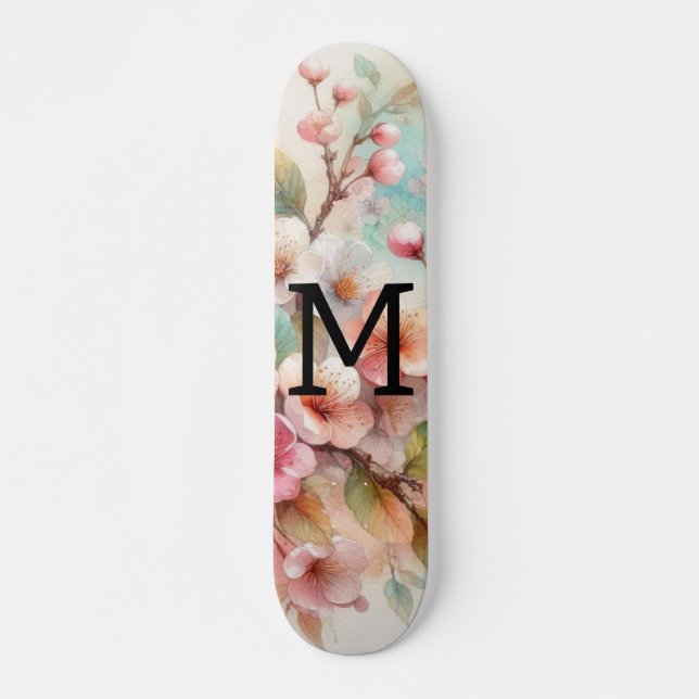 Aquarell-Monogramm mit rosa Kirschblüten  Skateboard (Vorne)