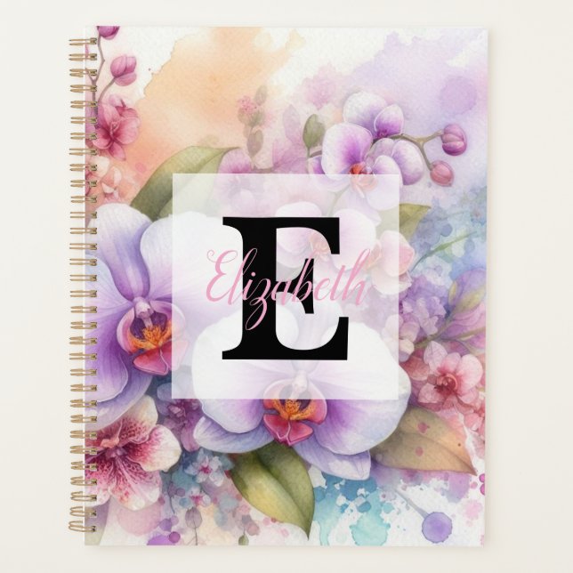 Aquarell-Monogramm mit rosa Orchideenblüten Planer (Vorderseite)