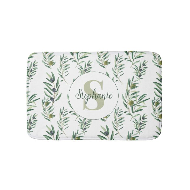 Aquarell-Monogramm-Name Olivenzweige-Muster Badematte (Vorderseite)