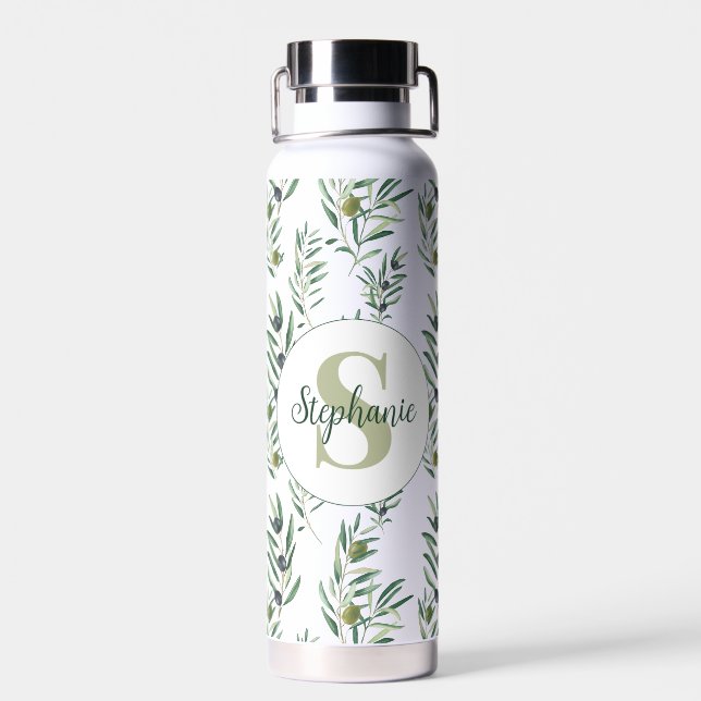 Aquarell-Monogramm-Name Olivenzweige-Muster Trinkflasche (Rückseite)