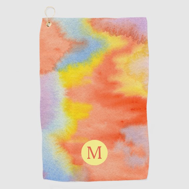 Aquarell-Monogramm-orange Gelb-Blau-Lavendel Golfhandtuch (Vorderseite)