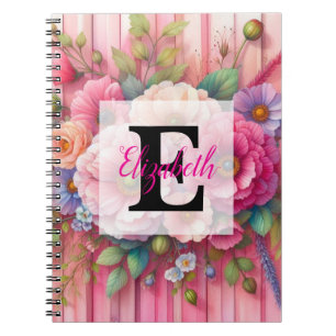 Aquarell-Monogramm-Pastellblumen auf rosa Holz Notizblock