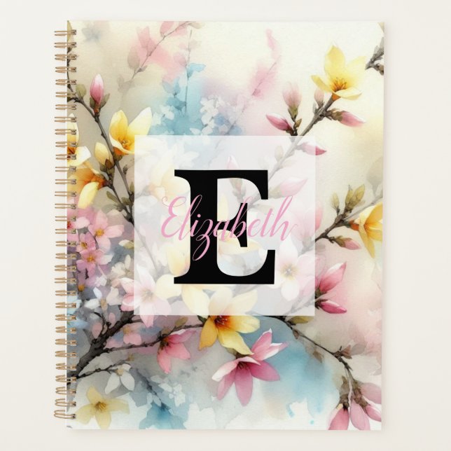 Aquarell-Monogramm rosa gelbe Frühlingsblumen  Planer (Vorderseite)