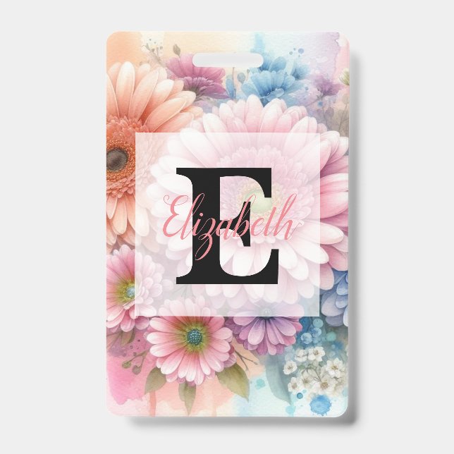 Aquarell-Monogramm rosa Gerbera-Margeriten  Ausweis (Vorderseite)