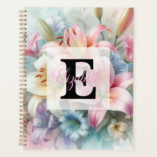 Aquarell-Monogramm rosa Lilien Blumen  Planer (Vorderseite)