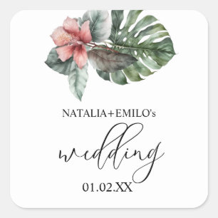 Aquarell Monstera Blatt Florale Hochzeit Quadratischer Aufkleber