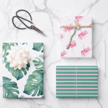 Aquarell Monstera Blätter und rosa Flamingos