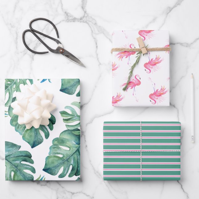 Aquarell Monstera Blätter und rosa Flamingos (Vorderseite)
