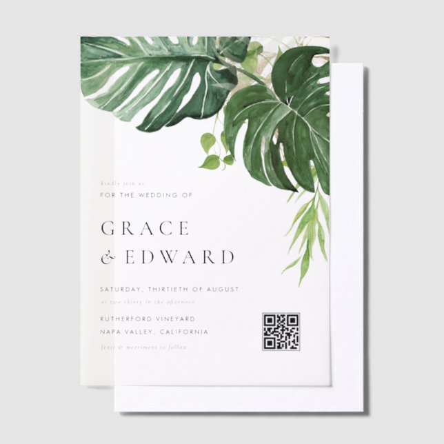 Aquarell Monstera Tropische Hochzeit QR Code (Versetzt)