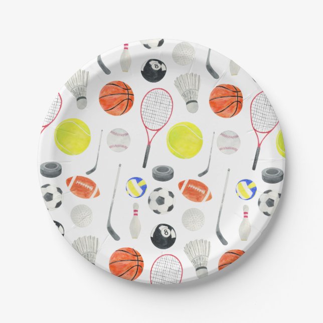Aquarell Multi Sport Pattern Balls Fußball Tennis Pappteller (Vorderseite)