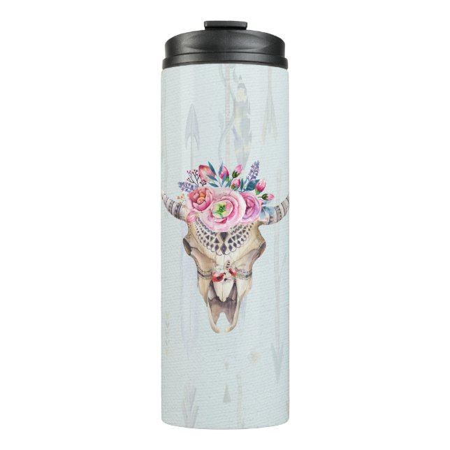 Aquarell Multicolored Bull Skull Thermosbecher (Vorderseite)