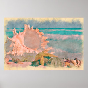 Aquarell-Muscheln am Strand großes Poster