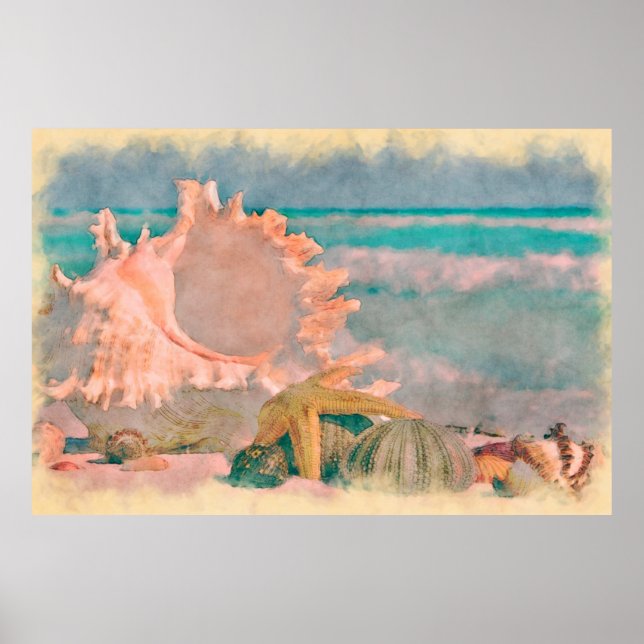 Aquarell-Muscheln am Strand Großes Poster (Vorne)