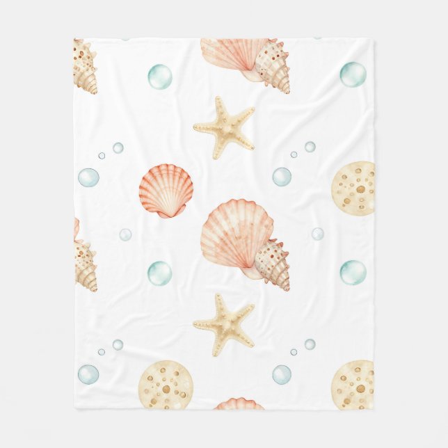 Aquarell-Muscheln Perlen Küstenmuster Fleecedecke (Vorderseite)