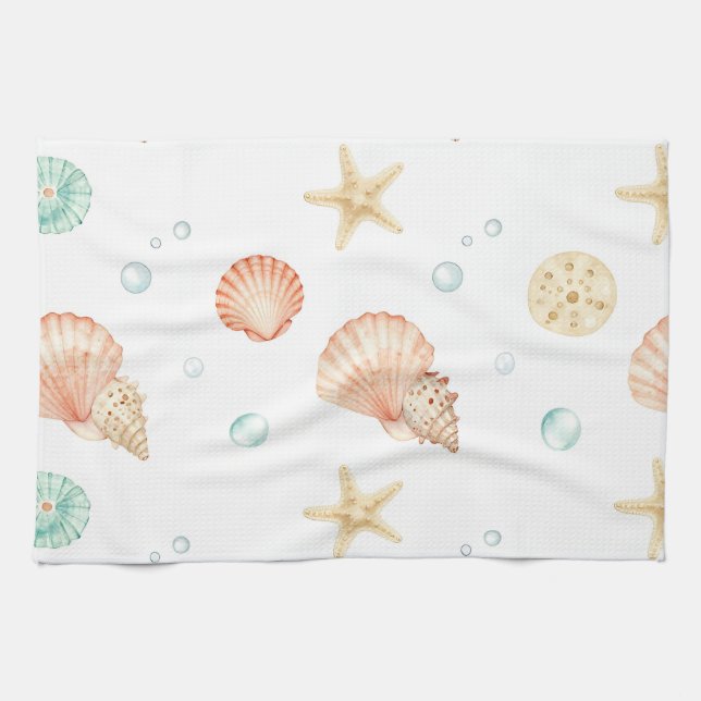 Aquarell-Muscheln Perlen Küstenmuster Geschirrtuch (Horizontal)