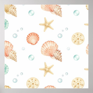 Aquarell-Muscheln Perlen Küstenmuster Poster