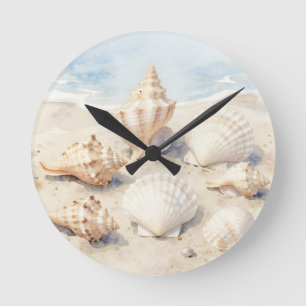 Aquarell-Muscheln Strand Szene Runde Wanduhr