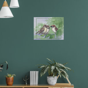 Aquarell-Mutter-Spatz füttert Küken Poster