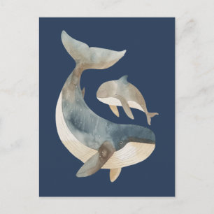 Aquarell-Mutterwal & Kalb Cute Navyblau Postkarte